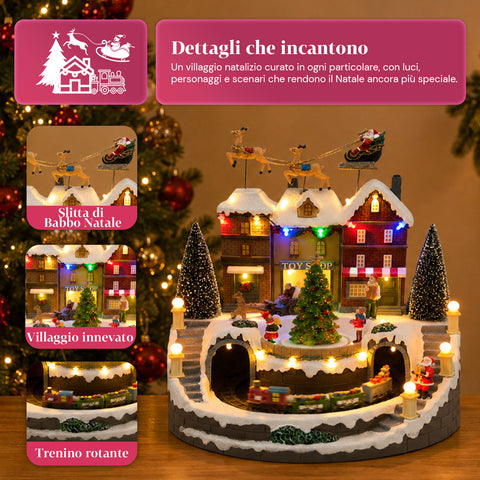 saint joy villaggio natalizio luminoso xmas town a batteria con luci led musica albero rotante trenino in movimento e slitta di babbo natale 27x25x34 cm ean 8050043127693
