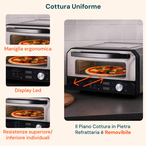 Cottura uniforme con maniglia ergonomica, display LED e piano in pietra refrattaria removibile per facilità d'uso