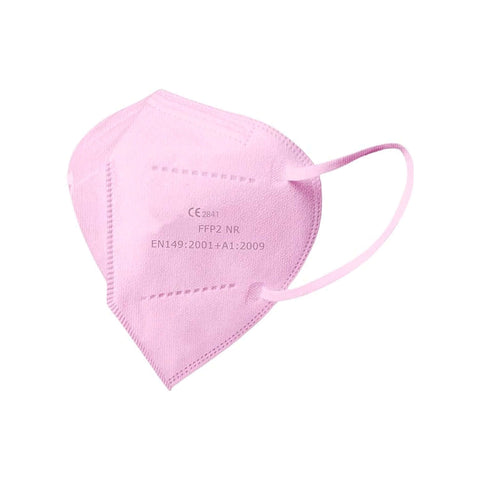 Mascherina FFP2 NR monouso rosa, certificata EN149, con 5 strati filtranti per alta protezione delle vie respiratorie.