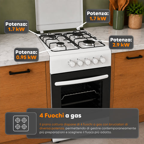 wintem cucina a gas 50x50 cm con forno a gas 49 litri 4 fuochi di diversa potenza valvole di sicurezza e coperchio ean 8056819078930