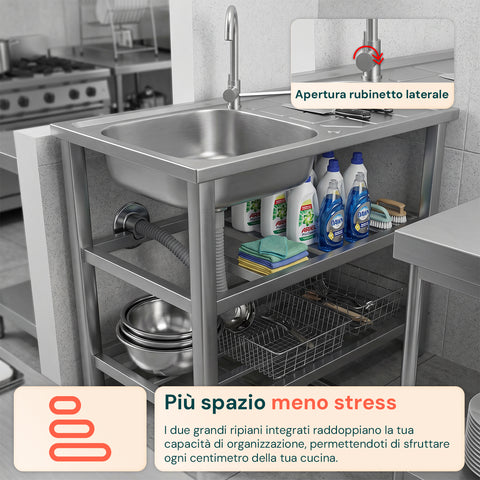 avilia home lavello multifunzione in acciaio inox con fontana lavandino con vasca gocciolatoio e doppia mensola reversibile dxsx 75x40x80 cm ean 8056244083189