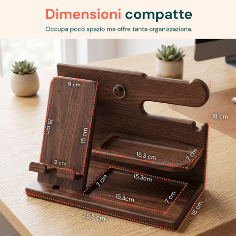 avilia home organizer da scrivania in legno con supporto smartphone e porta orologi compreso di alloggiamento per il cavo ricarica 255x15x185 cm ean 8052879011412