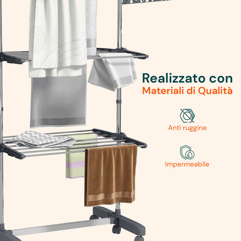 Stendibiancheria verticale salvaspazio con bracci laterali pieghevoli