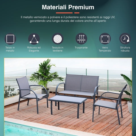 Set da giardino con materiali premium - Salotto da esterno con struttura in metallo verniciato a polvere, tessuto textilene traspirante e tavolino in vetro temperato ideale per terrazza vista mare
