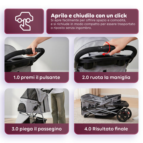 puppy lovers passeggino per cani e gatti pieghevole grigio cabina trasparente con visione a 360 carrello per animali domestici in acciaio e oxford con portabicchieri e cestello portata 15kg ean 8054806950276