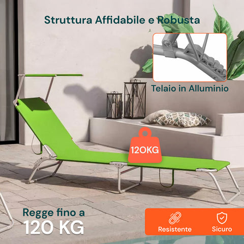 Lettino da sole con struttura affidabile e robusta, telaio in alluminio resistente che regge fino a 120kg, sicuro e durevole