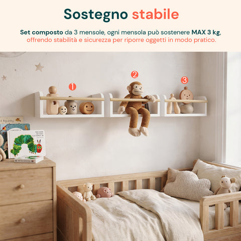 avilia home set 3 mensole da parete per bambini in legno resistente 40x12 cm portata 3kg ean 8052879011672