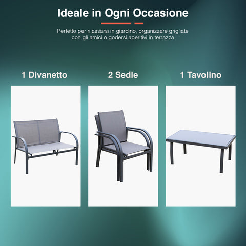 Composizione set da giardino 4 pezzi: 1 divanetto a due posti, 2 sedie e 1 tavolino con piano in vetro - Arredo esterno completo ideale per grigliate e aperitivi in terrazza