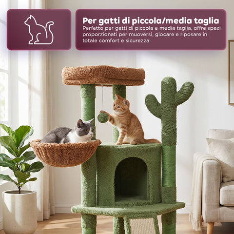 puppy lovers albero tiragraffi per gatti a forma di cactus 1065 cm torre tiragraffi in sisal naturale con casetta cuccia a cestino e pallina gioco design moderno verde e marrone ean 8054806950849