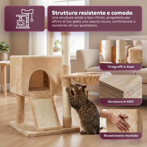 puppy lovers albero tiragraffi per gatti multilivello h 87 cm in sisal con amaca piattaforme e gioco a pallina 45x40 cm ean 8054806950481