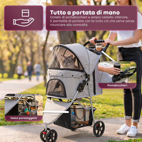 puppy lovers passeggino per cani e gatti pieghevole grigio cabina trasparente con visione a 360 carrello per animali domestici in acciaio e oxford con portabicchieri e cestello portata 15kg ean 8054806950276