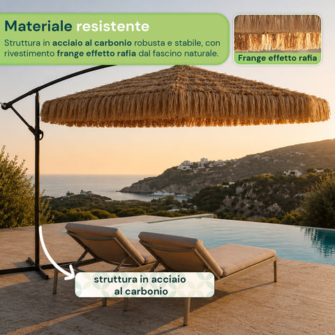 zendea ombrellone lampara da giardino effetto rafia altezza 275m con struttura in acciaio al carbonio con manovella e sostegno a croce ean 8050030810720