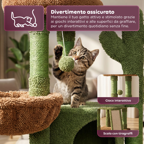 puppy lovers albero tiragraffi per gatti a forma di cactus 1065 cm torre tiragraffi in sisal naturale con casetta cuccia a cestino e pallina gioco design moderno verde e marrone ean 8054806950849