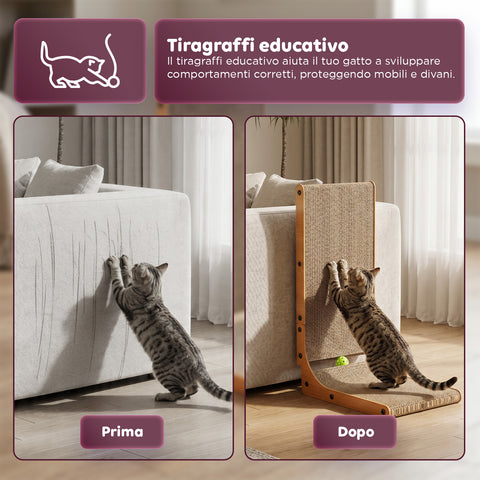 puppy lovers tiragraffi per gatti a forma di l altezza 68 cm graffiatoio in carta ondulata resistente e legno mdf design salvaspazio con gioco a pallina integrato ean 8054806950528
