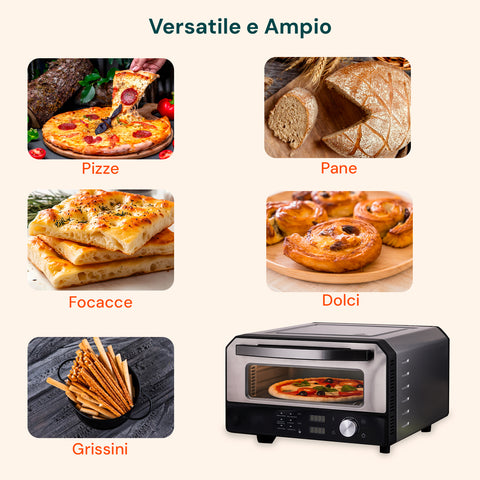 Forno versatile e ampio per pizze, pane, focacce, dolci e grissini, cottura professionale direttamente a casa
