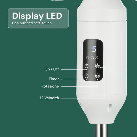 Display LED con pulsanti soft-touch per controllo On/Off, timer, rotazione e selezione delle 12 velocità disponibili