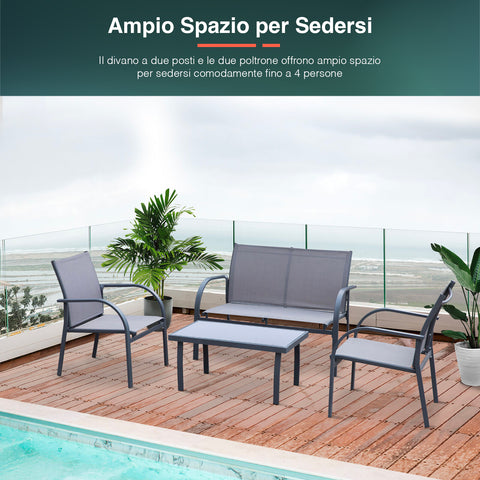 Set da giardino 4 posti con ampio spazio per sedersi - Salotto da esterno con divanetto e poltrone in textilene grigio posizionato su terrazza vista mare con piscina