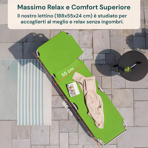 Lettino da sole per massimo relax e comfort superiore, dimensioni 188x55x24cm studiato per accoglierti al meglio senza ingombri