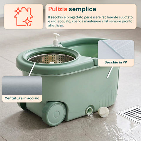 avilia home kit mocio rotante 360 con secchio 14l 46x27x22cm e centrifuga in acciaio include 2 testine in microfibra dosatore sapone e asta telescopica set lavapavimenti universale con ruote e scarico ean 8052879013140
