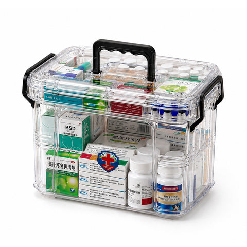 Organisateur de médicaments transparent à 2 niveaux avec poignée et fermeture à clip - 8 compartiments supérieurs 23,5x17x13,5 cm