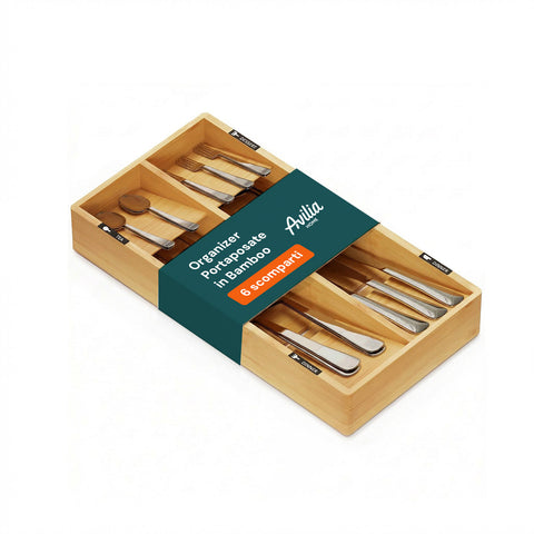 axentia organizer portaposate in bambu con 6 scomparti ed etichette per cassetti cucina 20x39 cm in legno naturale ean 8052879012051