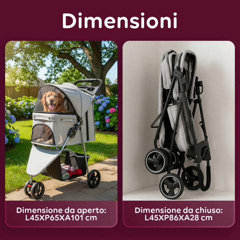 puppy lovers passeggino per cani e gatti pieghevole grigio cabina trasparente con visione a 360 carrello per animali domestici in acciaio e oxford con portabicchieri e cestello portata 15kg ean 8054806950276