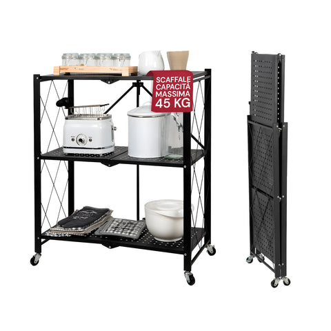 Étagère pliable repliable noire à 3 tablettes en métal robuste