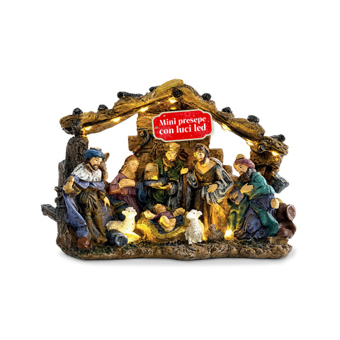 Crèche de la Nativité HolyGlow en polyrésine avec lumières LED et interrupteur MARCHE/ARRÊT, cabane rustique et base stable, 23x11,5x17 cm