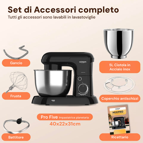 Avilia Impastatrice Planetaria 1500W Ciotola Inox 5L 10 Velocità con Ricettario, Accessori e Funzione Pulse Nera Ean-8056819047578