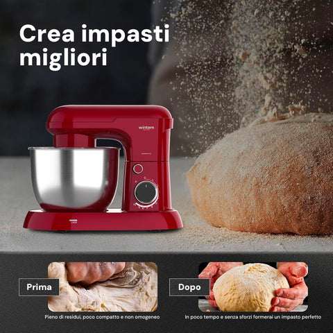 Avilia Impastatrice Planetaria 1500W Ciotola Inox 5L 10 Velocità con Ricettario, Accessori e Funzione Pulse Rossa Ean-8056819047578