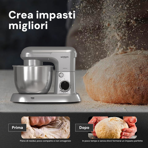 Avilia Impastatrice Planetaria 1500W Ciotola Inox 5L 10 Velocità con Ricettario, Accessori e Funzione Pulse Silver Ean-8056819047578