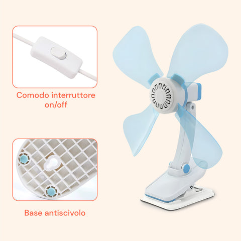 Dettaglio interruttore ON/OFF comodo e intuitivo con base antiscivolo del ventilatore a clip Kiwi per massima stabilità