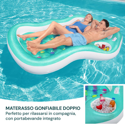 Lettino gonfiabile doppio in piscina con portabevande, materasso Bestway 43045 per due persone, relax estivo