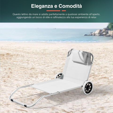 Lettino Reclinabile Pieghevole con Schienale Regolabile, Ruote, Cuscino e Struttura Leggera Ean-8023755054328