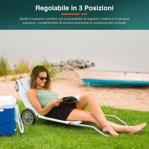 Lettino Reclinabile Pieghevole con Schienale Regolabile, Ruote, Cuscino e Struttura Leggera Ean-8023755054328