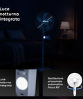 Luce notturna integrata con pale da 40cm, oscillazione orizzontale automatica fino a 90 gradi, funzionamento silenzioso