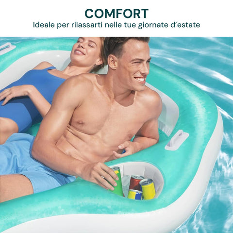 Dettaglio comfort materasso gonfiabile doppio Bestway con portabevande, ideale per giornate di relax in piscina