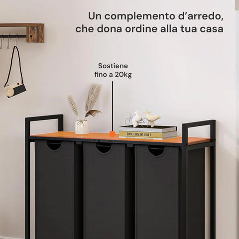 Avilia Mobile Portabiancheria  Struttura in Acciaio con 3 Cestini Estraibili e Ripiano in MDF Salvaspazio Multiuso 114L Ean 8056819050721