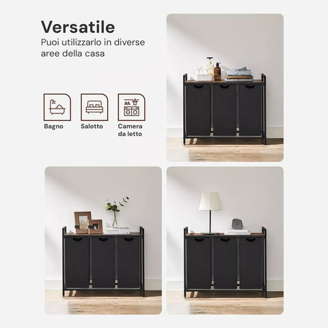 Avilia Mobile Portabiancheria  Struttura in Acciaio con 3 Cestini Estraibili e Ripiano in MDF Salvaspazio Multiuso 114L Ean 8056819050721