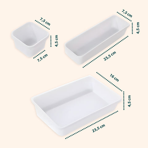 Organizer con dimensioni precise: contenitori 7,5x7,3cm, 23,4x7,3cm e 23,7x15,8cm modulari per perfetta organizzazione cassetti