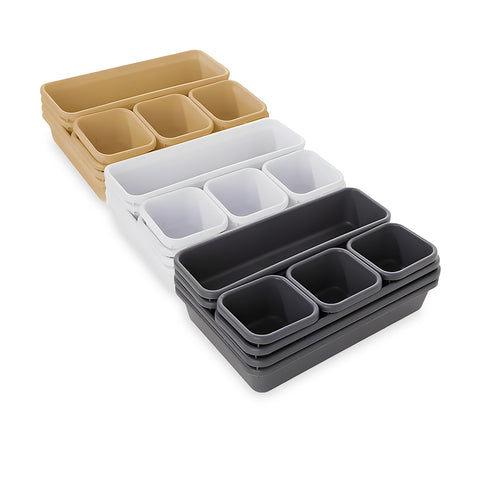Set organizer completo disponibile in 3 colori: beige, bianco e nero, 8 pezzi in polipropilene resistente per ogni ambiente
