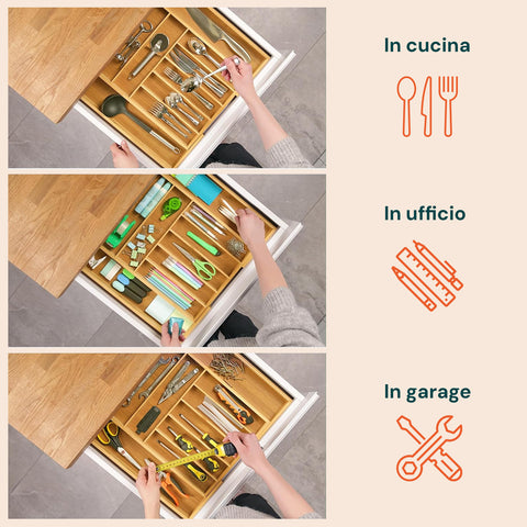 Avilia Organizer Portaposate in Bambù Estensibile 5 Scomparti Salvaspazio Multiuso Ean 8056819052657
