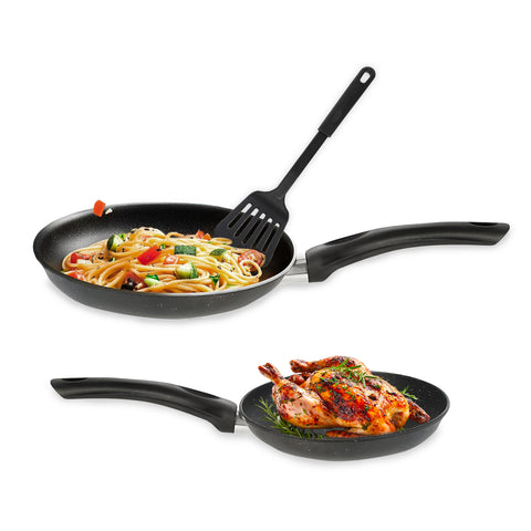Ensemble de 2 poêles antiadhésives 20-24cm et Spatule Trouée – Gamme Augusta Effet Marbre