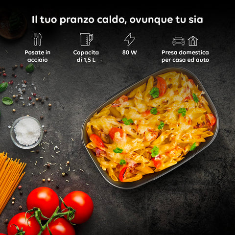 Pasta calda nel lunch box elettrico da 1,5L, scaldavivande perfetto per pasti caldi in ufficio, capacità 80W riscaldamento uniforme