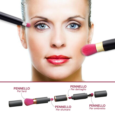 Pennello makeup 4 in 1 con dettaglio delle funzioni: fard, sfumare, ombretto e dettaglio, applicazione professionale trucco viso
