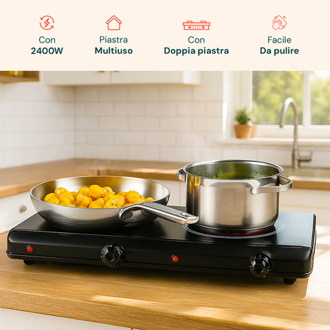 Fornello multiuso con doppia piastra facile da pulire per cucina moderna, design compatto 2400W per cottura efficiente e controllata