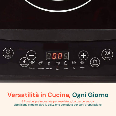 Piastra induzione Wintem versatilità in cucina ogni giorno, 8 funzioni preimpostate: rosolatura, barbecue, zuppa, ebollizione, display digitale