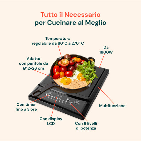 Piastra induzione Wintem tutto il necessario per cucinare al meglio: temperatura regolabile 80-270°C, timer fino a 3 ore, 8 livelli potenza