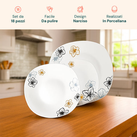 Servizio tavola Avilia set da 18 pezzi facile da pulire con design Narciso, realizzato in porcellana di qualità, cucina moderna elegante