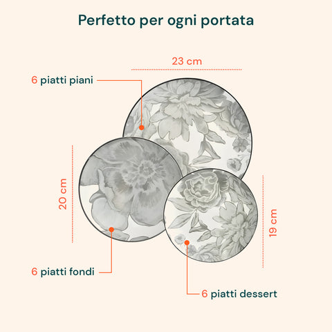 Servizio Piatti 18 Pezzi Decoro Bouquet In Porcellana Per 6 Posti Tavola